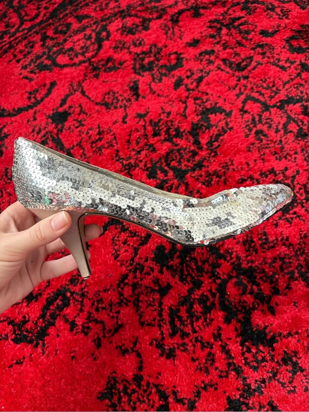Silver Sequin Pointed-Toe Heels